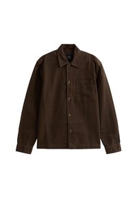 Camisa marrón de botones hecha de una tela resistente. Cuenta con un cuello, un bolsillo en el pecho y detalles de botones de madera. Mangas largas.