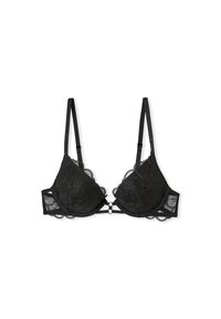 Soutien-gorge en dentelle noire avec des bords festonnés et des broderies florales, doté de bretelles réglables et d'une fermeture à crochets au dos.