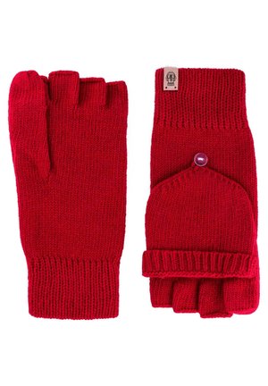 Rote, gestrickte fingerlose Handschuhe mit Rippbündchen, einer umklappbaren Klappe mit einem Knopf und einem strukturierten Muster über die gesamte Länge.