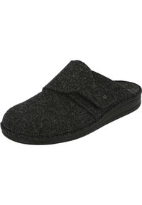 Grijze felt pantoffel met een zachte textuur, verstelbare band en een zwarte rubberen zool voor grip. Eenvoudig ontwerp met gestikte details.