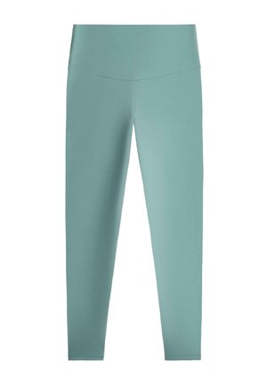 Leggings taille haute, solides de couleur bleu sarcelle clair, longueur intégrale, coutures nettes et sans motifs ou logos visibles.