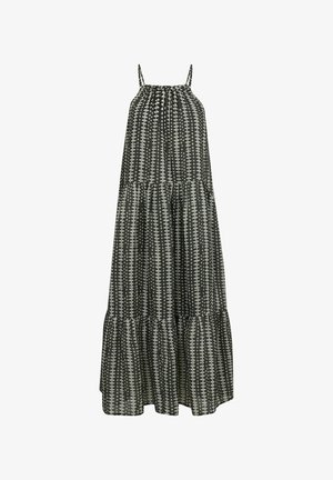 Maxi dress with thin straps, featuring a tiered design. Fabric has a black and gray abstract pattern. Flowing silhouette, lightweight texture.