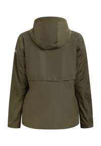 Giacca impermeabile color khaki con cappuccio, maniche lunghe e design con patta posteriore. Realizzata in materiale liscio e leggero.