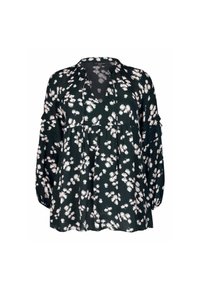 Blusa nera con stampa floreale bianca, scollatura a V, maniche lunghe e dettagli arricciati. Realizzata in tessuto leggero con vestibilità ampia.