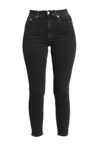 Högmidjade svarta slim fit jeans i denim, med framknäppning och klassisk femfickdesign, slät yta med minimal blekning.