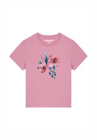 Roze t-shirt met korte mouwen en een bloemenprint in rode, blauwe en groene tinten. Gemaakt van zacht materiaal met een klassieke ronde hals.