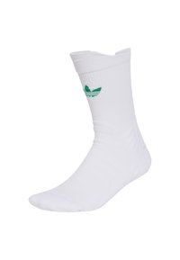 Calcetín deportivo de algodón blanco con textura de costilla, que presenta un logo bordado en verde cerca de la parte superior y una puntera reforzada para mayor durabilidad.