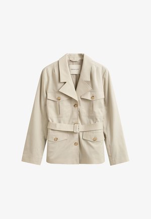 Beige belted jacket with four buttoned flap pockets and lapel collar, displayed against a white background.