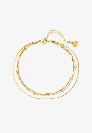 Pulsera de oro de múltiples hilos con diversos estilos de cadenas y acentos esféricos, que cuenta con un cierre y una longitud ajustable con un colgante.