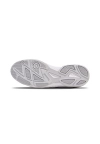Schuhsohle mit einem wellenförmigen, strukturierten Muster in Weiß und Grau. Enthält kreisförmige und dreieckige Akzente für Griff und Stabilität.