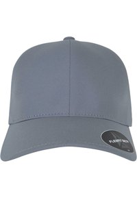 Gray baseball cap with a soft, smooth texture, featuring a rounded crown and a curved brim, along with a black logo patch on the side.