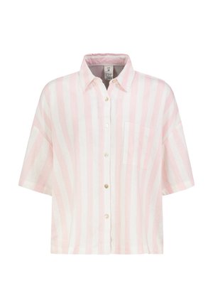 Kurzärmliges Hemd mit Knöpfen, vertikalen rosa-weißen Streifen und einer Brusttasche, Größe M, lockere Passform.