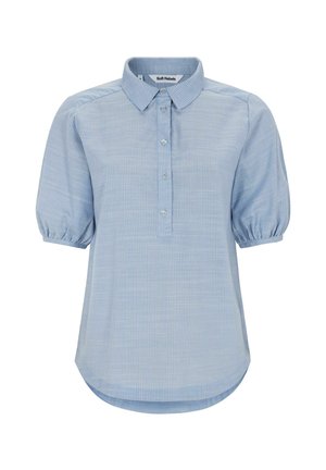 Svetlomodrá blúzka s krátkym rukávom a jemným károvaným vzorom, s polovysúvacím zapínaním na gombíky, nadýchanými rukávmi a klasickým golierom.