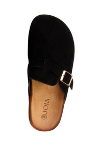 Chaussure noire à enfiler avec une boucle dorée, semelle intérieure marron marquée "JOIA" et taille 36, photographiée vue de dessus sur un fond blanc.