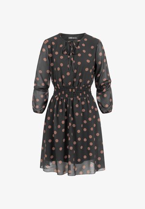 Crna haljina s dugim rukavima s smeđim točkicama, zategnuti elastični struk i mali mašnica na izrezu.