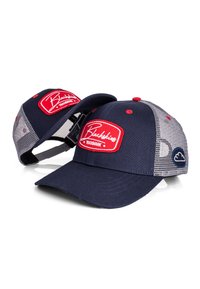 Navy blue cap with a solid front and mesh back. Features a red embroidered patch with "Blackbikes" and a round blue cloud logo on the side.
