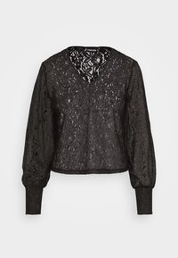 Černý krajkový top s výstřihem do V, dlouhými nafouknutými rukávy a zkráceným lemem. Obsahuje květinové vzory a strukturovaný povrch.