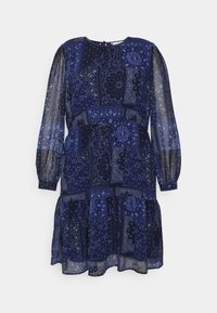 Marineblaues Kleid mit langen, transparenten Ärmeln und einem Patchwork-Bandana-Muster. Es verfügt über eine geraffte Taille und einen stufigen Rock.