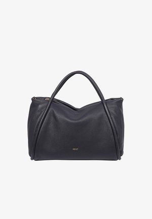 Navy leather handbag with dual handles, soft texture, and a rounded shape. Features a zip closure and subtle gold hardware accents.