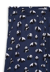 Pantaloni del pigiama blu navy con un motivo di panda ripetuto in bianco e nero, dotati di una cintura elastica e di una superficie liscia.