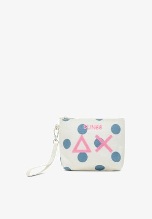 Borsa in tela bianca con pois blu. Include il testo ricamato in rosa "SUN68" e forme geometriche. Cinghia attaccata.