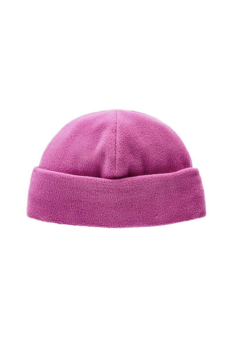 Beanie in pile viola con corona rotonda e risvolto piegato; texture morbida e colore uniforme in tutto il capo. Ideale per calore e comfort.