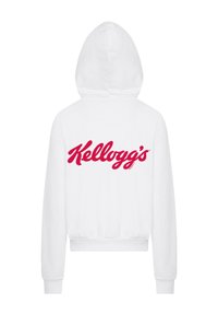 Weißer Kapuzenpullover mit großem roten "Kellogg's"-Logo auf dem Rücken, mit gerippten Bündchen und Saum. Glatte Textur, lässiger Schnitt.