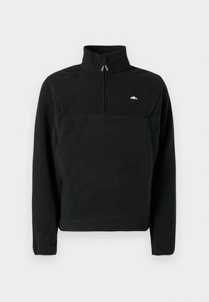 Sudadera de forro polar negra con cuello alto y cierre de cremallera hasta el pecho. Presenta un logo en el pecho y puños acanalados en las mangas.