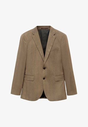 Bruine geruite blazer met een paspelkraag, twee voorzakken en twee knopen. Textuurstof met een gladde binnenvoering. Klassieke getailleerde pasvorm.