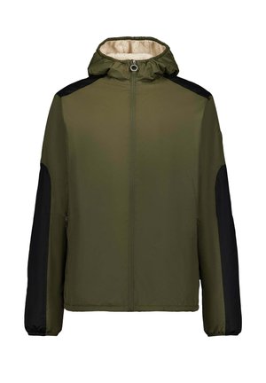 Chaqueta verde aceituna con capucha, paneles laterales negros y cremallera frontal. Forro interior suave y texturizado, puños elásticos y sin herrajes visibles.