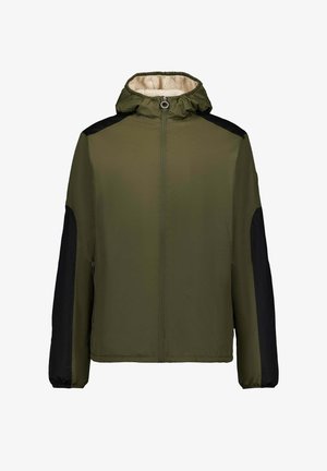 Chaqueta verde aceituna con capucha, paneles laterales negros y cremallera frontal. Forro interior suave y texturizado, puños elásticos y sin herrajes visibles.
