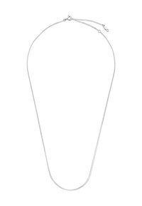 Delicate zilveren kettinkje met een veerring sluiting en verstelbare verlenging op een witte achtergrond.