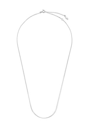 Delicate zilveren kettinkje met een veerring sluiting en verstelbare verlenging op een witte achtergrond.