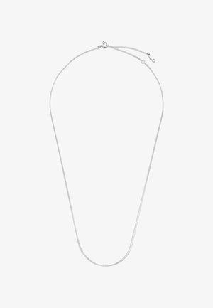 Delicate zilveren kettinkje met een veerring sluiting en verstelbare verlenging op een witte achtergrond.