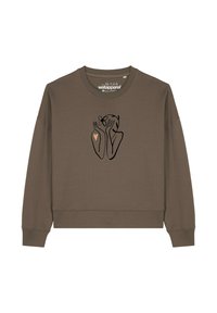 Bruine sweatshirt met een losse pasvorm, voorzien van een graphic van twee handen en een hart. Gemaakt van zachte stof met geribde boorden en onderrand.