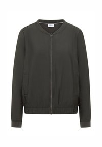 Ciemnozielona lekka kurtka typu bomber z zamkiem z przodu, okrągłym dekoltem i ściągaczami przy mankietach. Posiada boczne kieszenie oraz teksturowane wykończenie.