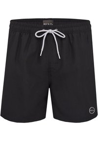 Zwarte zwemshorts van lichtgewicht stof, met een elastische tailleband met een trekkoord en een klein rond logo aan de onderkant.