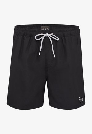 Zwarte zwemshorts van lichtgewicht stof, met een elastische tailleband met een trekkoord en een klein rond logo aan de onderkant.