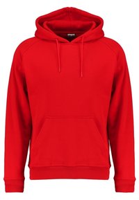 Czerwona bawełniana bluza z kapturem, z kieszenią typu kangurka, regulowanym ściągaczem w kapturze oraz prążkowanymi mankietami i dołem. Gładka faktura, klasyczny design zakładany przez głowę.