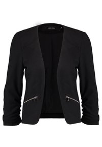 Black blazer jacket made of textured fabric with a shawl collar, open front, and two zippered pockets. Features long sleeves and ribbed pattern.