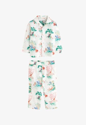 Pyjama blanc à manches longues avec boutons et pantalon avec un motif coloré d’animaux et d’arbres de la jungle.