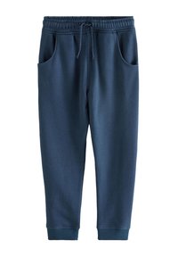 Pantaloni della tuta blu navy realizzati in tessuto morbido, con vita elastica con coulisse, tasche laterali e polsini a coste alle caviglie.