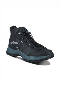 Botte de randonnée Dachstein noire et grise avec tissu Gore-Tex, laçage sécurisé par bouton-pression et semelle robuste conçue pour une utilisation en extérieur.