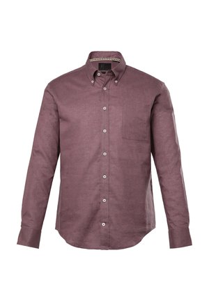 Camicia a maniche lunghe in misto lino bordeaux scuro, con tasca sul petto, colletto button-down e una sottile trama.