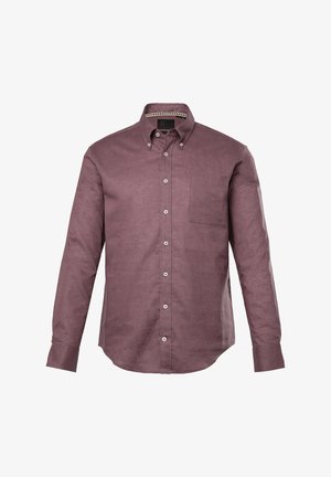 Langarm-Hemd aus einem dunkelburgunderfarbenen Leinenmischgewebe, mit einer Brusttasche, Button-down-Kragen und subtiler Struktur.