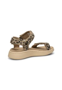 Sandalice s leopard uzorkom, s podesivim trakama, jastučićem na potplatu i bež platformom. Sadrže čičak kopčanje i mekanu unutrašnjost.