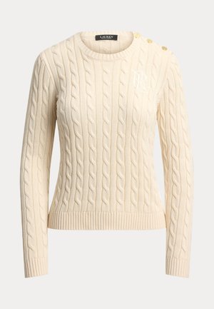 Lauren Ralph Lauren, BUTTON TRIM CABLE KNIT SWEATER - Striktrøje - mascarpone cream