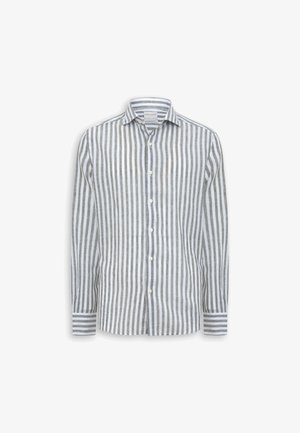 Camicia a maniche lunghe con bottoni, a righe verticali grigie e bianche, con colletto classico su sfondo bianco.