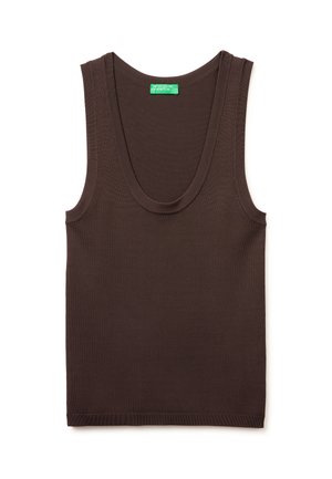 Brązowy, bezrękawnik, dzianinowy top z okrągłym dekoltem i zieloną metką United Colors of Benetton przy kołnierzu.