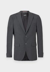 Blazer grigio scuro realizzato in tessuto liscio, con due bottoni, due tasche frontali e una fodera nera a fantasia. Design sartoriale con rever a lancia.